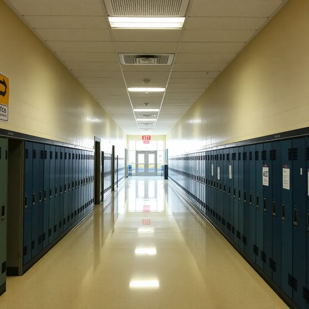 Empty school hallway with lockers and safety signage.