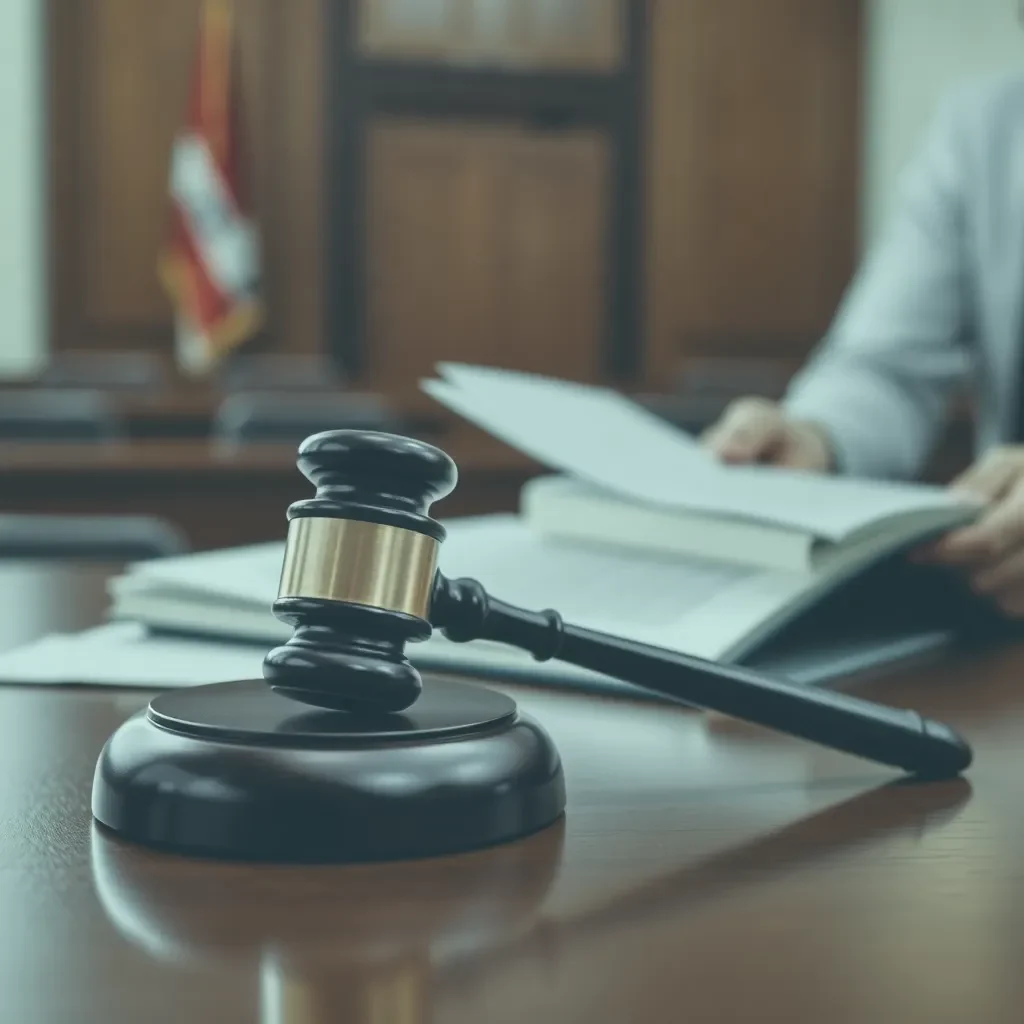 Courtroom setting with legal documents and gavel focused.