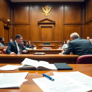 Courtroom setting with tense atmosphere and legal documents.