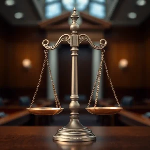 Symbolic scales of justice with a blurred courtroom background.