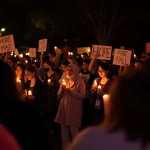 Vibrant community gathering with candles and signs of hope.