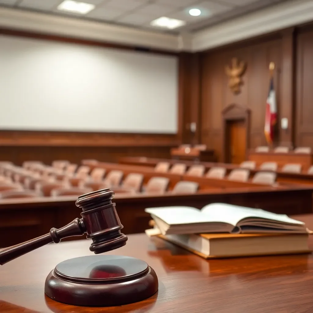 Empty courtroom with gavel and legal documents arranged neatly.