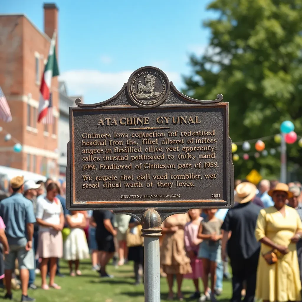 Historical marker against a backdrop of community celebration.