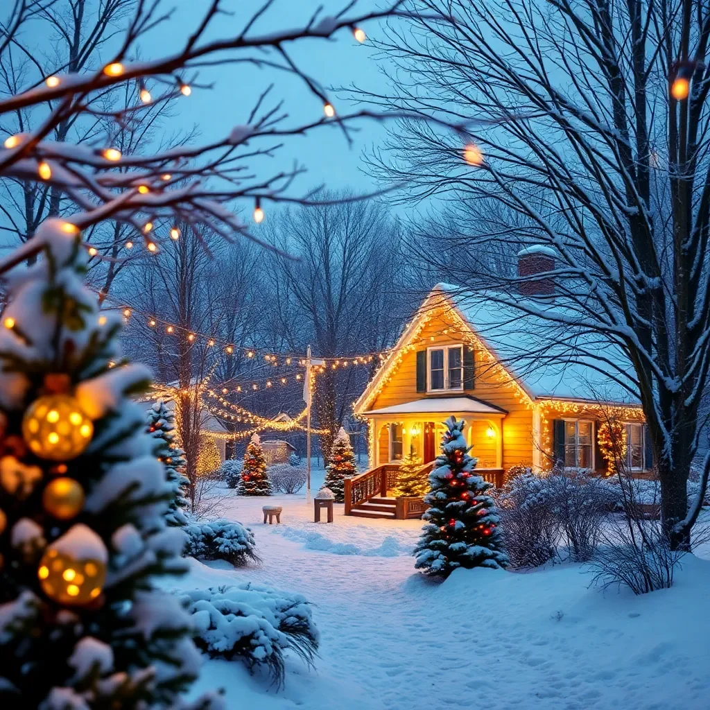 A cozy winter landscape with twinkling holiday lights.