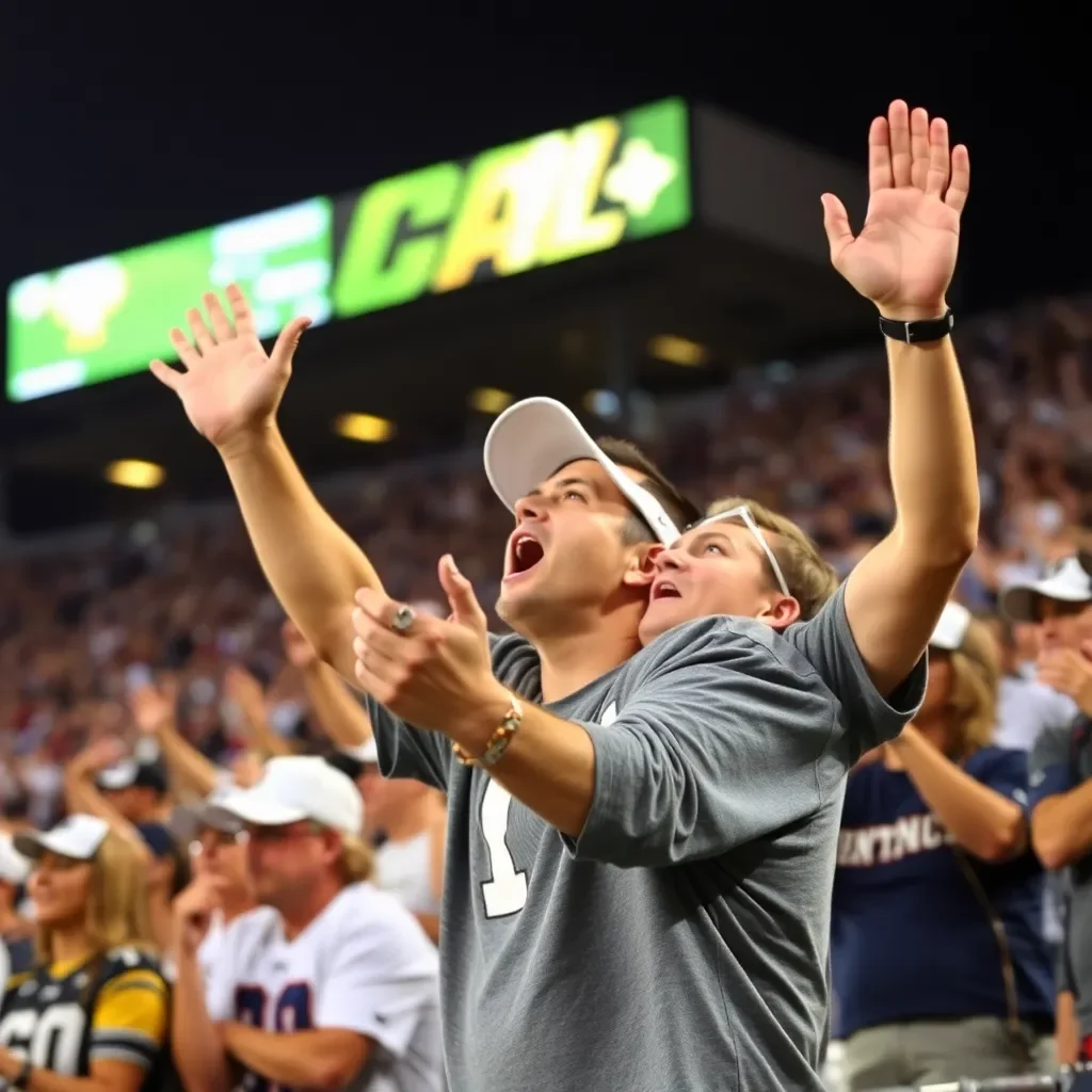 Excited crowd cheering at a college football game