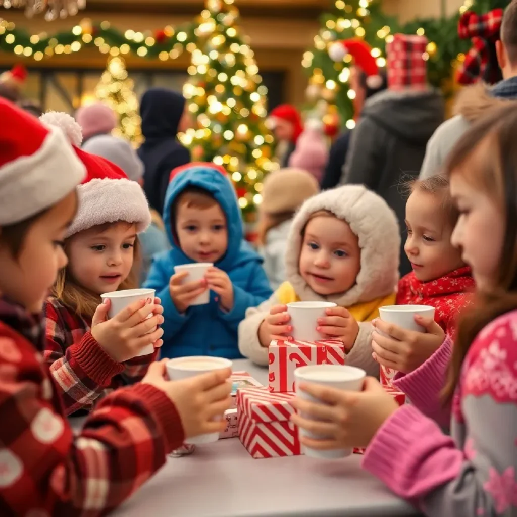 Children at a community Christmas event in Oxford enjoying hot chocolate and board games.