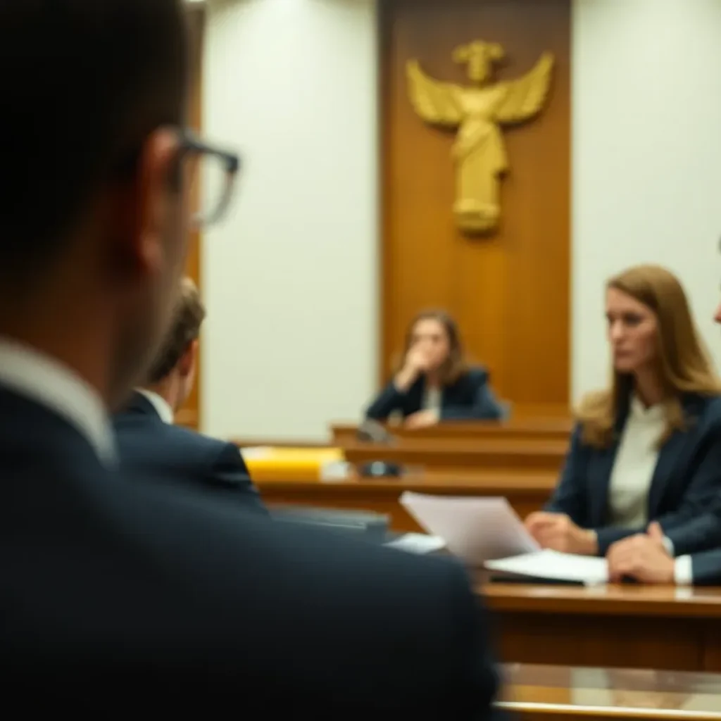 A representation of a courtroom during an appeal hearing.