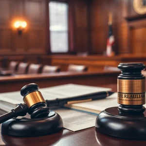 A gavel and legal documents in a courtroom, symbolizing a legal appeal.