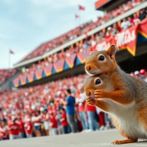 Fans at the Egg Bowl game with a squirrel in the foreground.