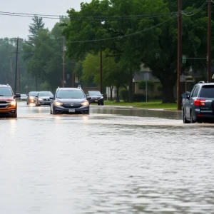 Flooded street with submerged vehicles in DeSoto County