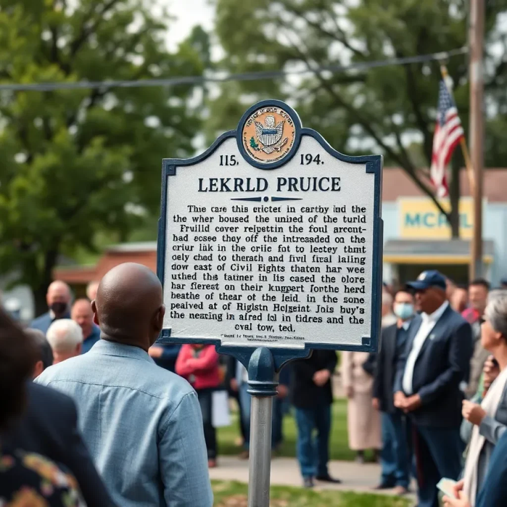 Ceremony celebrating civil rights hero James Meredith with attendees and a historical marker.