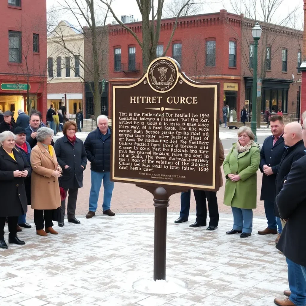 Community members gather around a historical marker in Kosciusko.