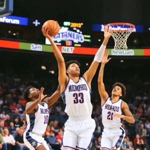 Memphis Tigers competing against Ole Miss Rebels in basketball.