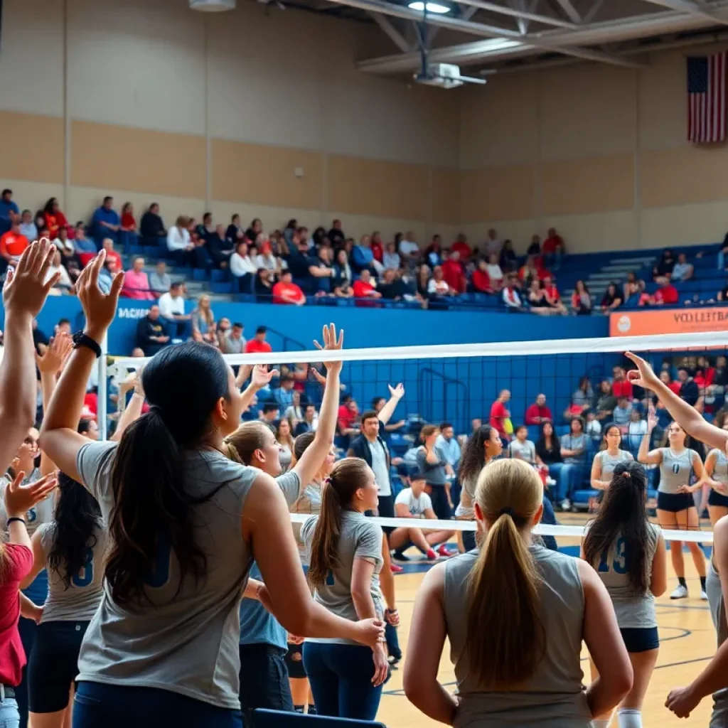 Crowd cheering at a volleyball match between Ole Miss and Mississippi State