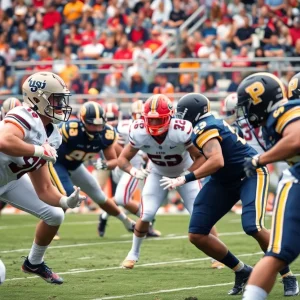 College football players in action during a game, showcasing defensive plays.