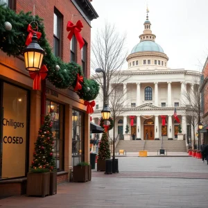 Festive downtown decorations in Oxford during the Christmas holiday