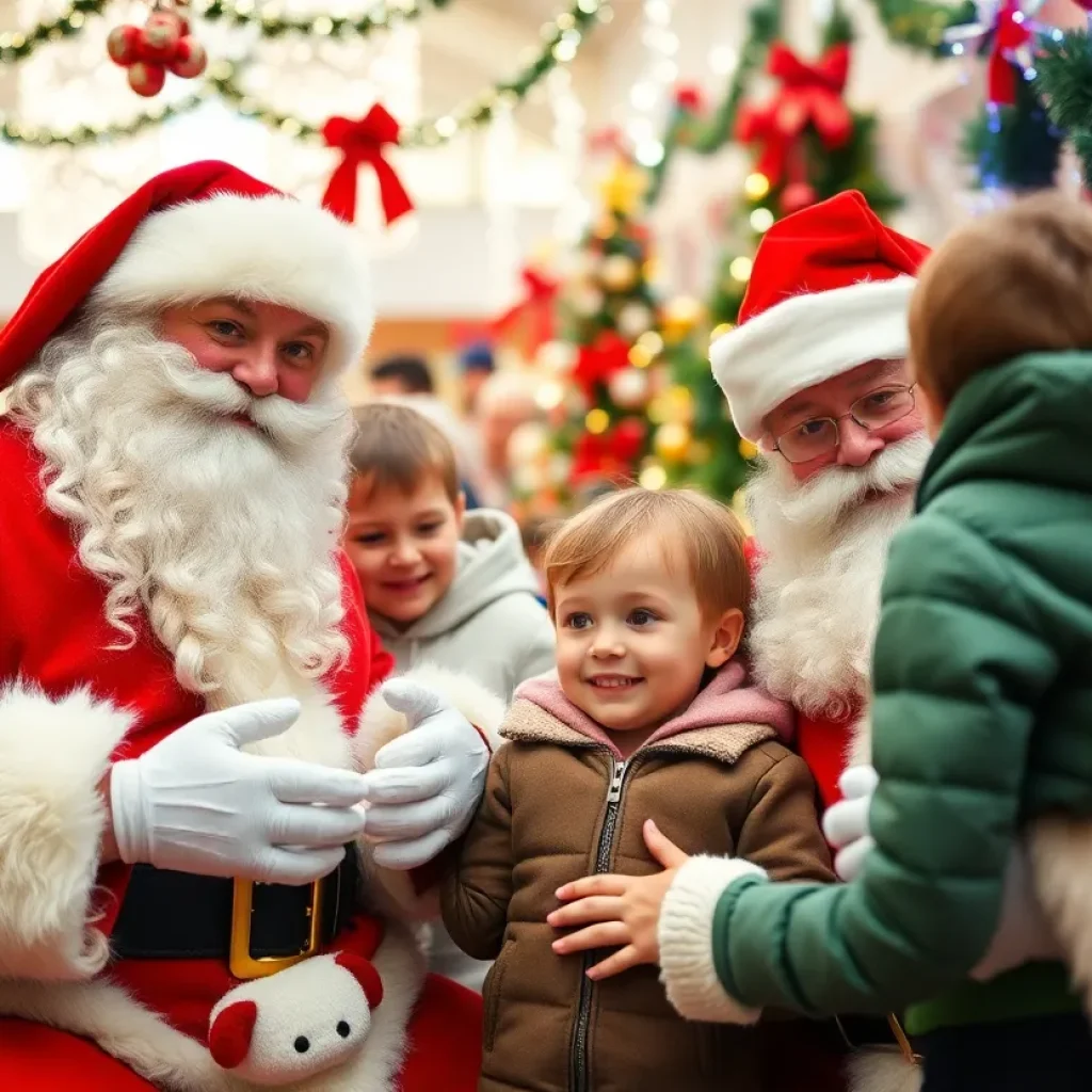 Two local Santas celebrating with children during a festive holiday event.