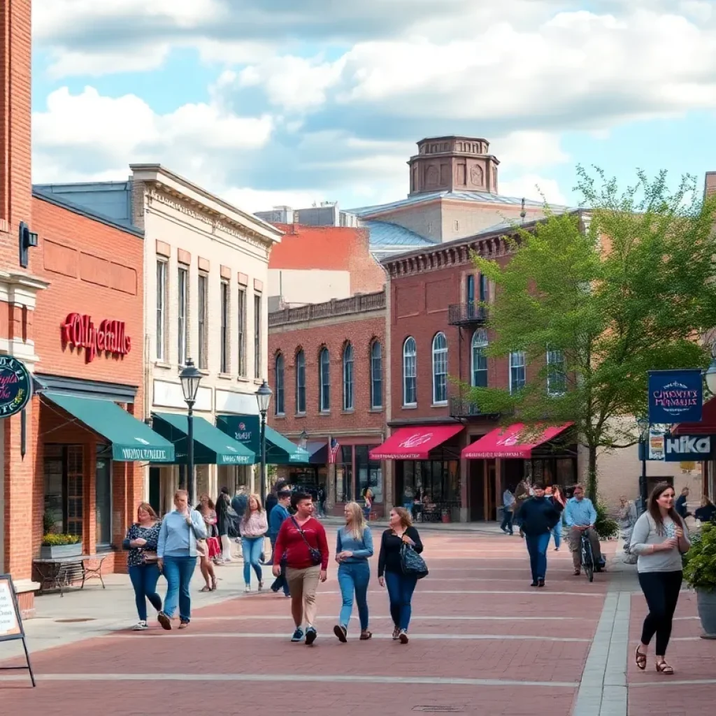 A bustling street scene in Oxford MS filled with local businesses and university students.