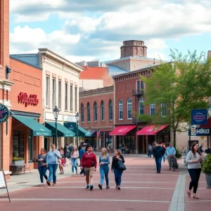 A bustling street scene in Oxford MS filled with local businesses and university students.