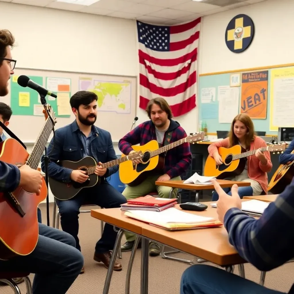 Students participating in a music and culture course discussing Bob Dylan.