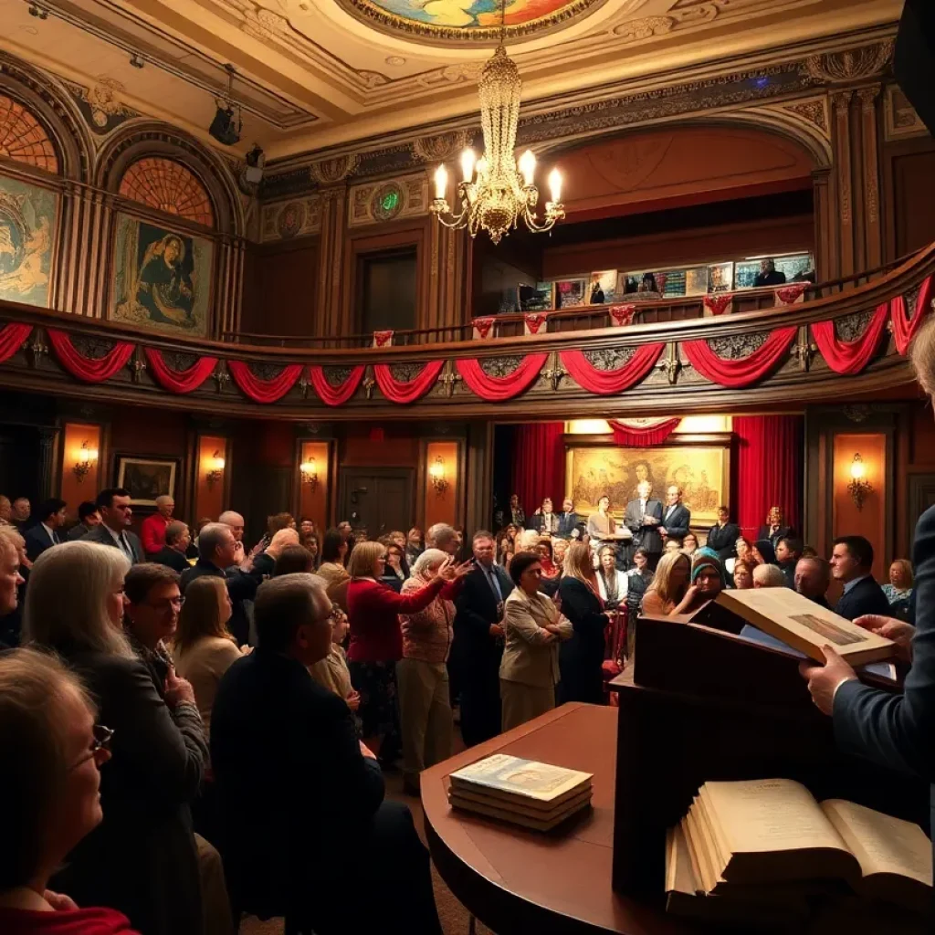 Audience at a book launch event in a historic theater