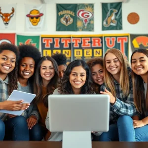 Diverse college students using a ticket resale platform on laptops