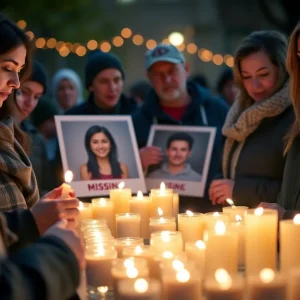 Community members holding candles in a vigil for a missing student