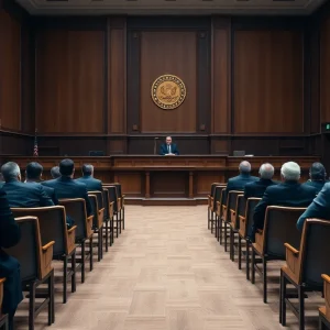 A courtroom during a legal proceeding