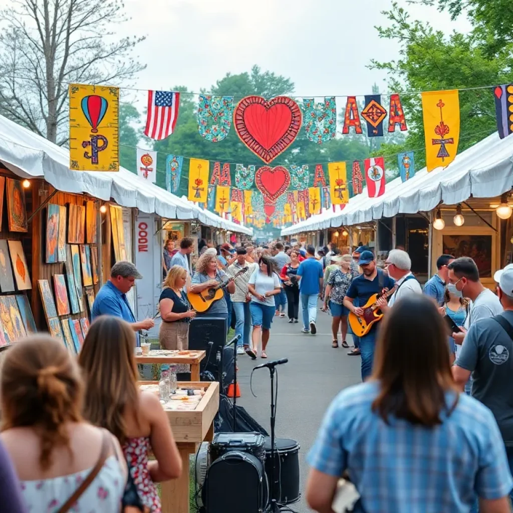 Festival attendees enjoying the 2025 Double Decker Arts Festival with art displays and live music.