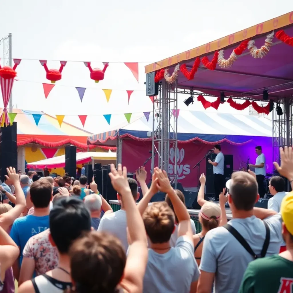 Crowd enjoying the Double Decker Arts Festival with performers on stage