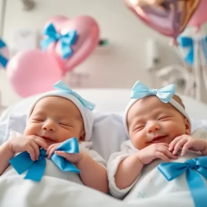 Newborn babies in a hospital nursery with festive decorations.