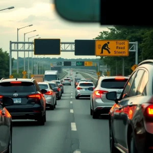 Highway traffic with warning signs promoting safety