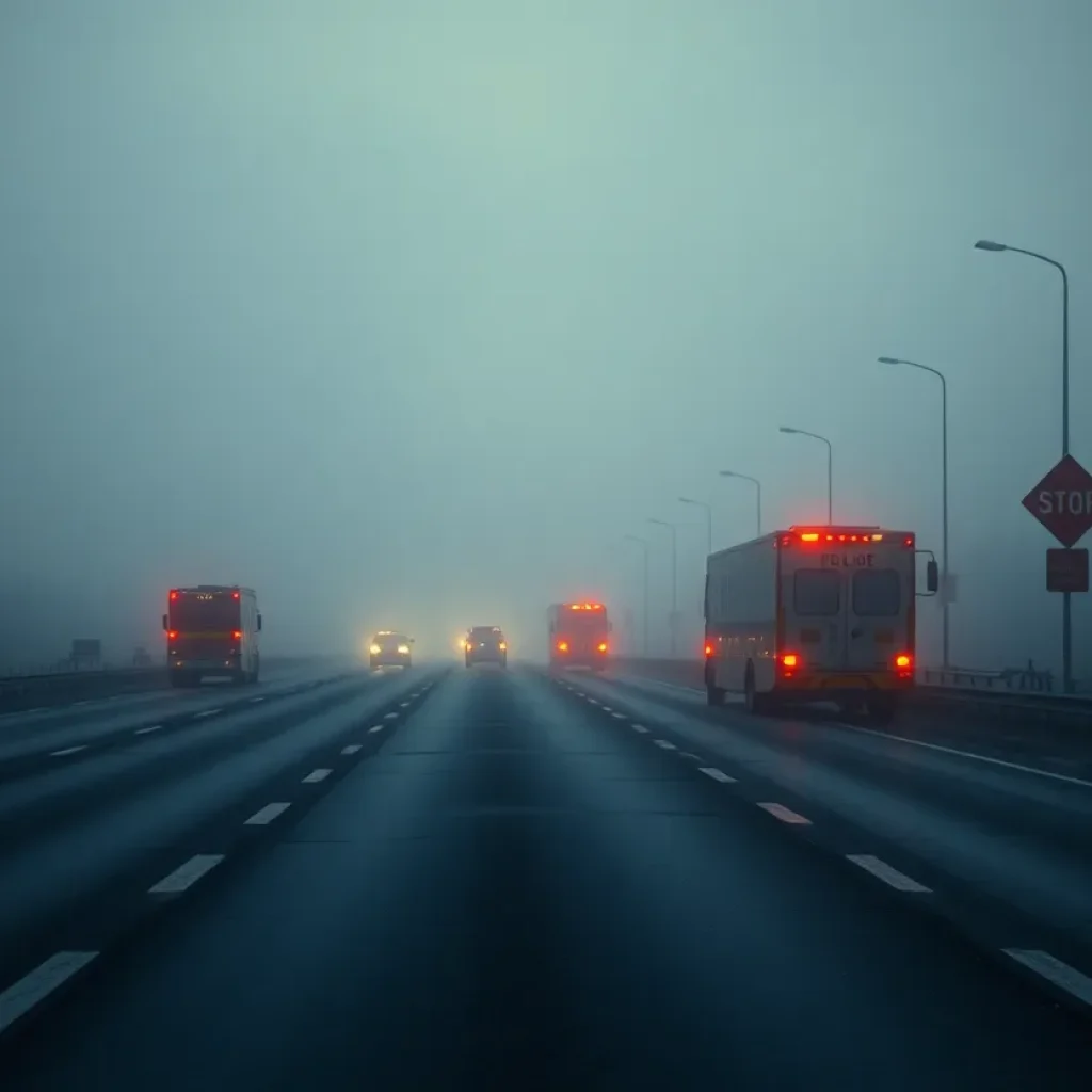 A misty highway scene capturing the aftermath of a tragic accident