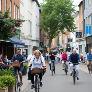 Street scene in East Oxford showing Low Traffic Neighbourhoods with pedestrians and cyclists.