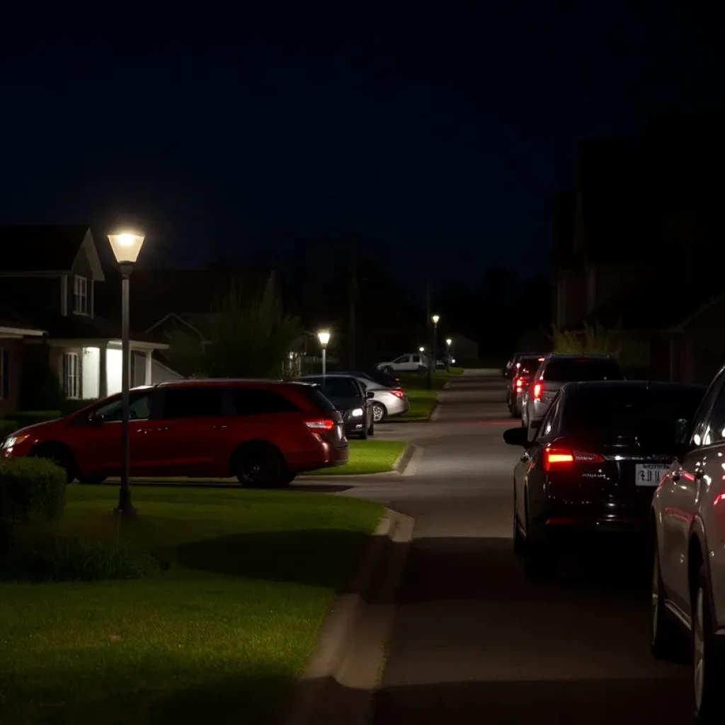 Residential area in Oxford, MS at night with parked cars