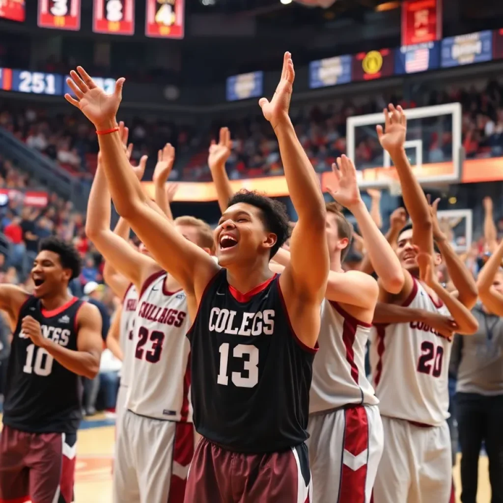 Ole Miss Rebels celebrating a comeback victory against Georgia in a basketball game.