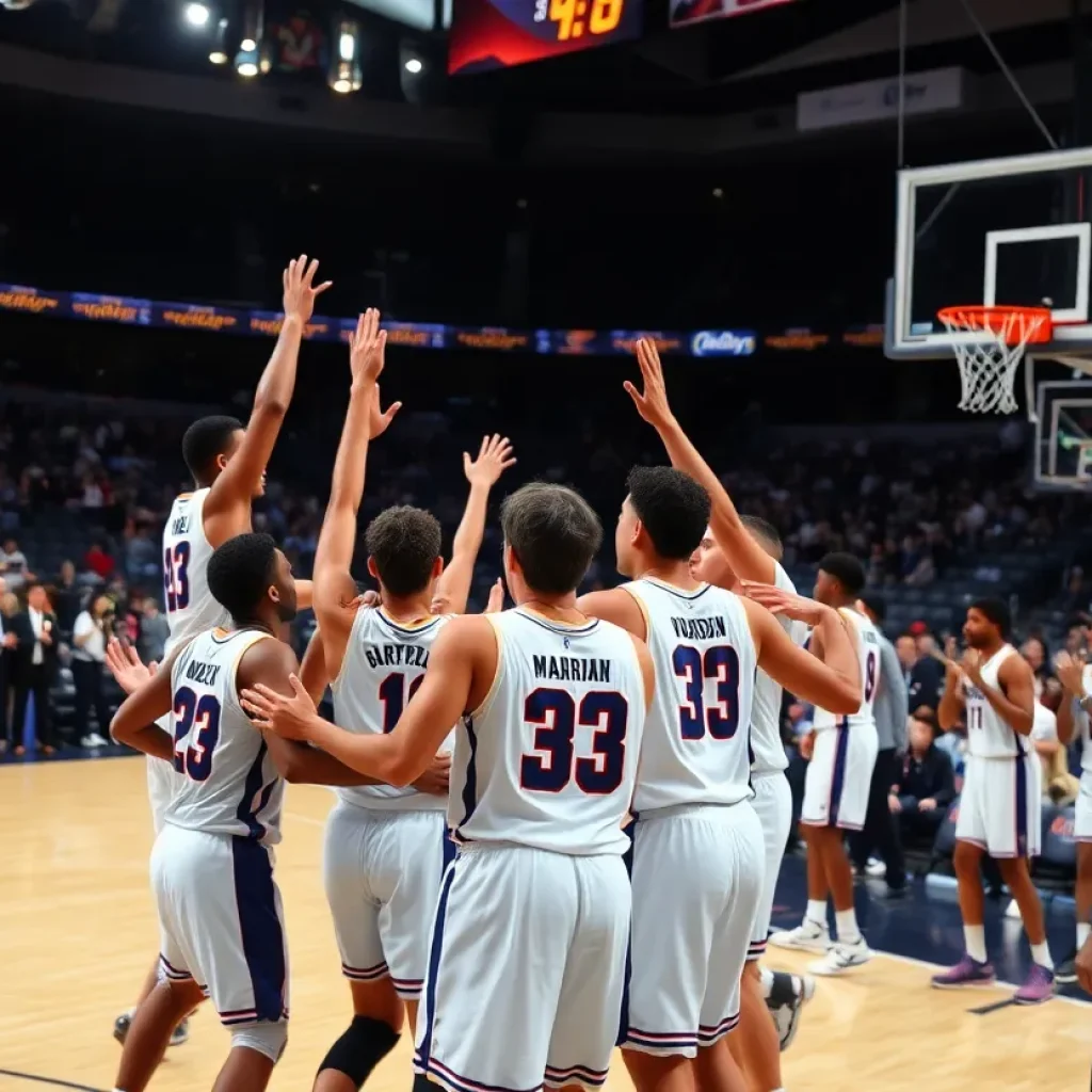 Ole Miss basketball team celebrating a win on the court