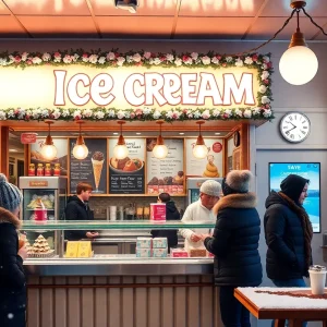 Customers savoring ice cream in a cozy winter setting at Oxford Creamery.