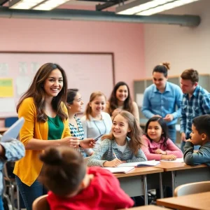 Teachers and students engaging in a vibrant classroom setting