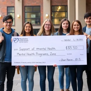 Students from Sigma Chi fraternity presenting a donation for mental health support.