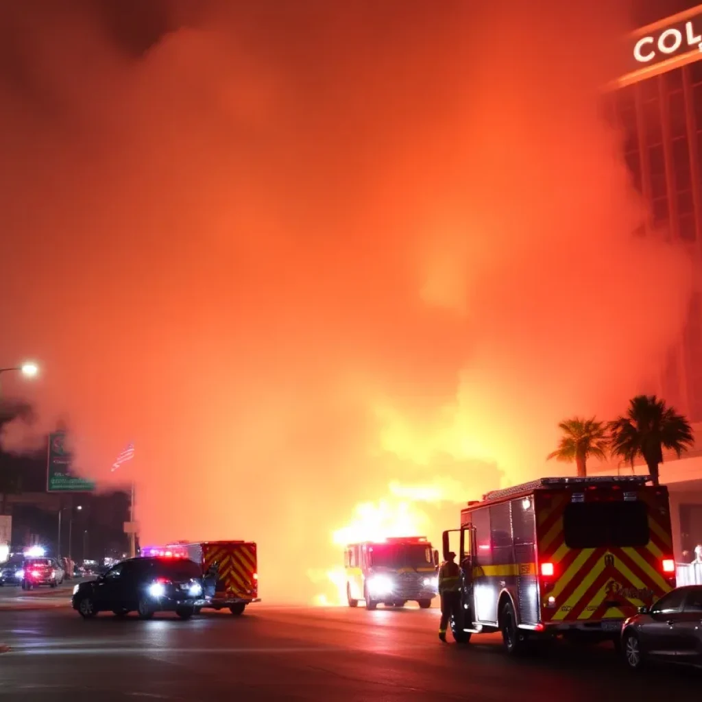 Smoke rising from the explosion of a Tesla Cybertruck near a hotel.