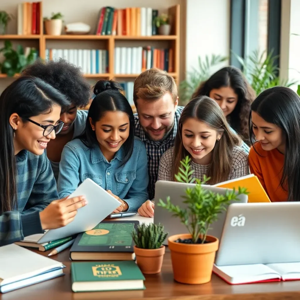 A group of diverse university students studying together at a table.