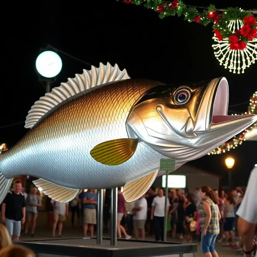 Community members celebrating at the Water Valley Crappie Drop with a giant crappie fish in the background.