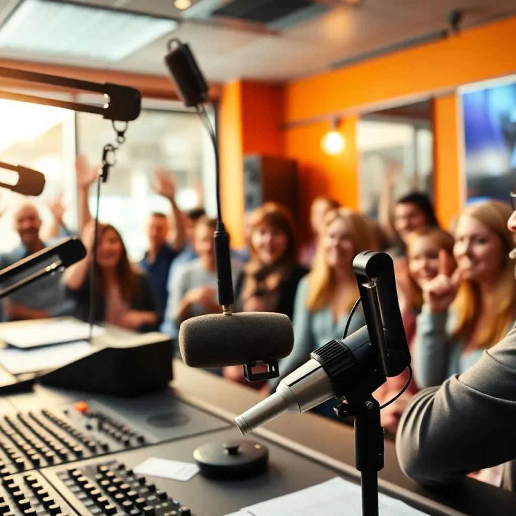 Radio studio filled with energy and excitement for morning shows.