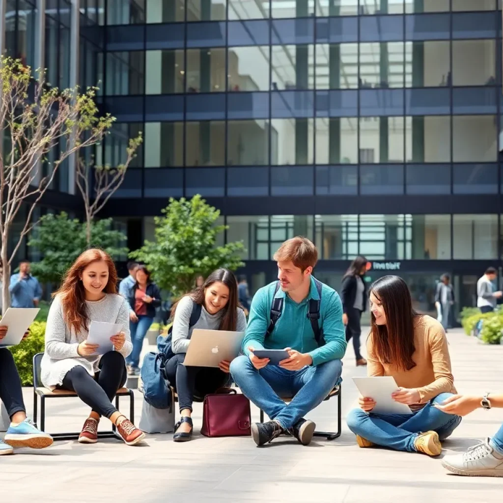 A vibrant university campus with diverse students participating in community engagement activities.