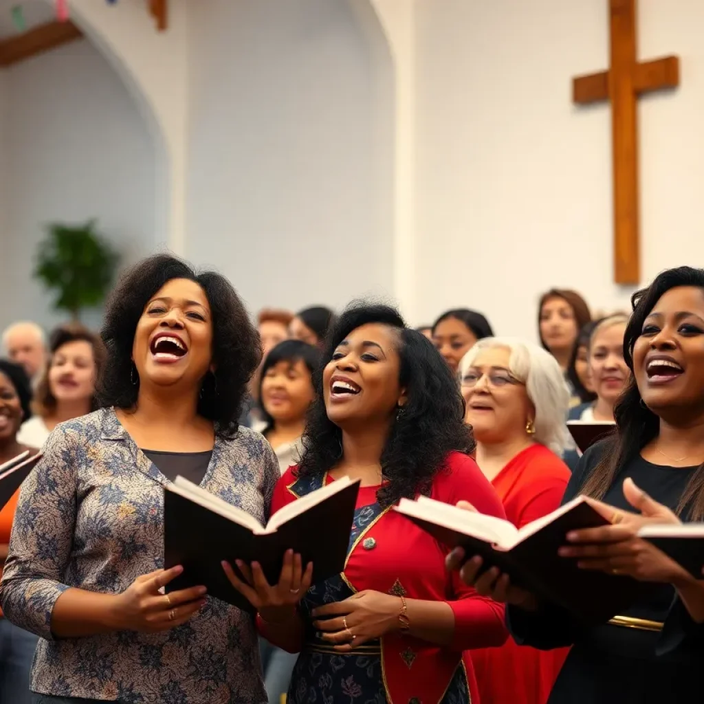 Choir members singing joyfully during a performance