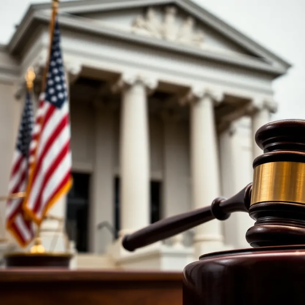 Courthouse interior with a gavel and American flag