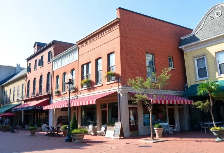 A vibrant view of Historic Square in Oxford Mississippi showcasing boutiques and restaurants