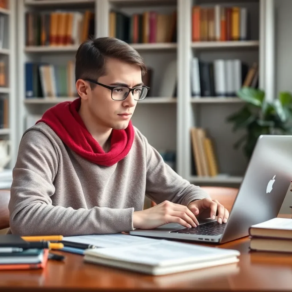 A focused student writing a personal statement at a desk.