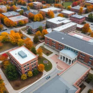 Aerial view of the University of Mississippi with students and construction.